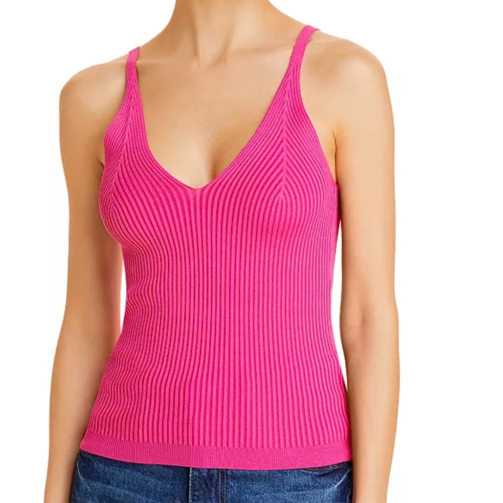 Lini Anastasia V-Neck Wide Straps Ribbed Strentch Knit Hot Pink Tank Top